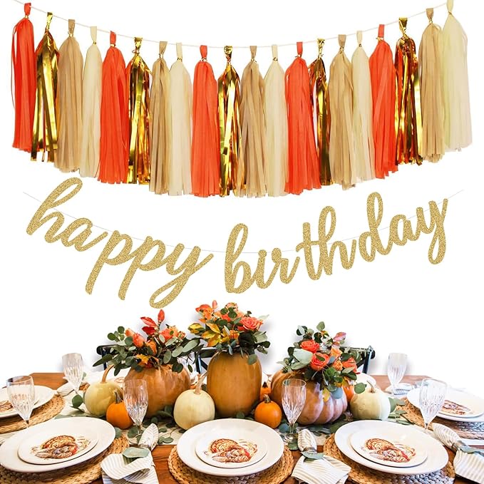 Tassel Garland, Tissue Paper Tassels Banner for Graduation Party Decorations, Thanksgiving, First Birthday Party Decorations, 20 pcs DIY Kits (Orange+Metallic Gold+Tan+Ivory)