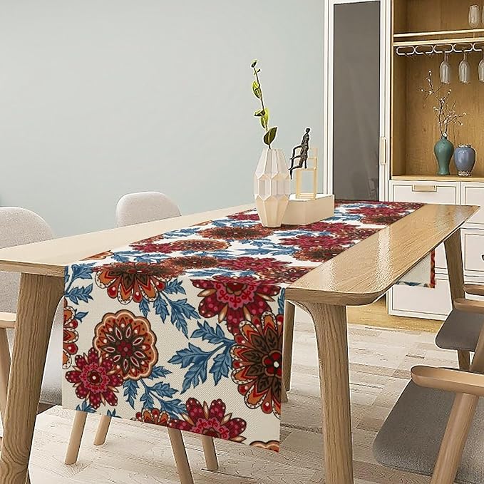 Mandala Flower Table Runner, Vintage Oriental Exotic Native Red Floral Blue Branch Leaves Botanical Print Table Runner for Farmhouse Kitchen Dining Table Decor, 13x90inch