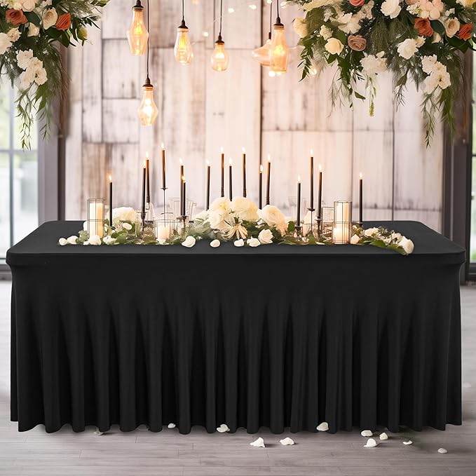 Wish Care 2 Pack Black Spandex Table Cloths - Fitted Rectangle Table Cover, Wrinkle Free, 4ft, Stretch Tablecloths for Party, Banquet, Wedding and Events