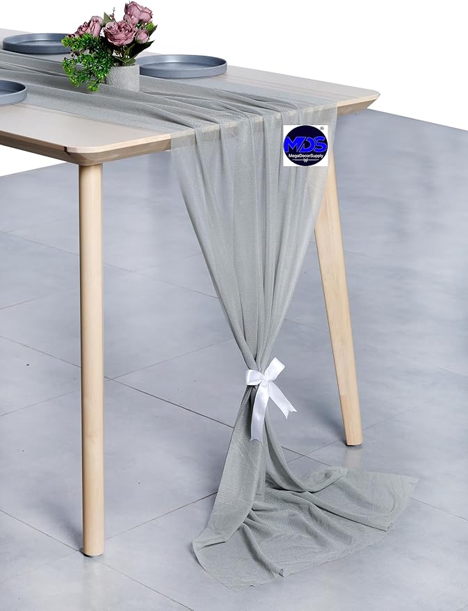 MDS 2 Pack 14ft Chiffon Table Runner 29 x 170 Inches Sheer Wedding Runner Romantic Rustic Table Runner for Wedding Decorations, Birthday Parties, Bridal Shower Party Arch Decor - Gray