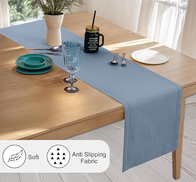 Ruvanti Linen Table Runner 60 Inches, Classic Hemstitch, Washable, Reusable, Non-Slipping, Stain Resistant- Perfect for Parties, Weddings, Dinners, Thanksgiving, Christmas, Indoor use – Grey