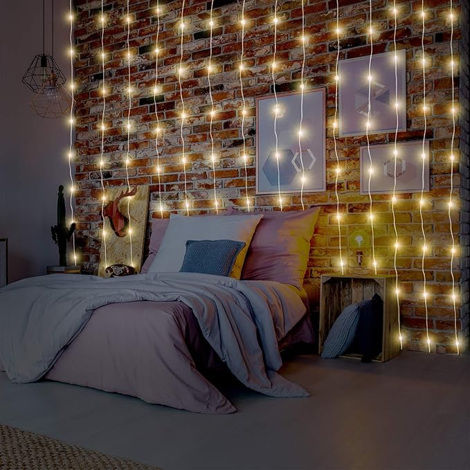 YEOLEH String Lights Curtain,7.9 x 5.9Ft 144LEDs USB Powered Fairy Lights for Bedroom Wall Decor,8 Modes & IP64 Waterproof Ideal for Outdoor Indoor Home Garden Party Holiday Halloween Room,Warm White