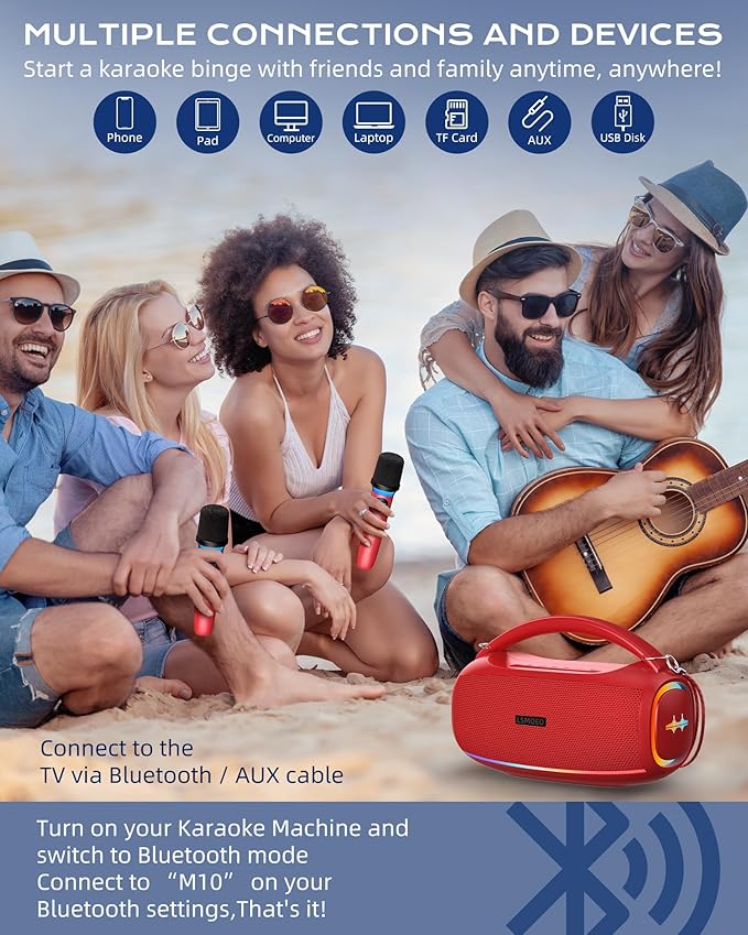 Karaoke Machine for Adults and Kids,Portable Bluetooth 2 Wireless Karaoke Microphone with Holder/USB/TF Card/AUX-in, IPX5 PA Speaker System for Home Party, Picnic,Car,Outdoor/Indoor-Red