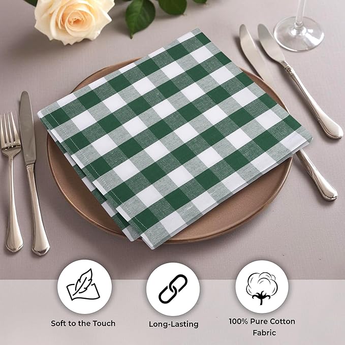 Cloth Dinner Napkins, Square 100% Cotton in Hunter and White Checkered