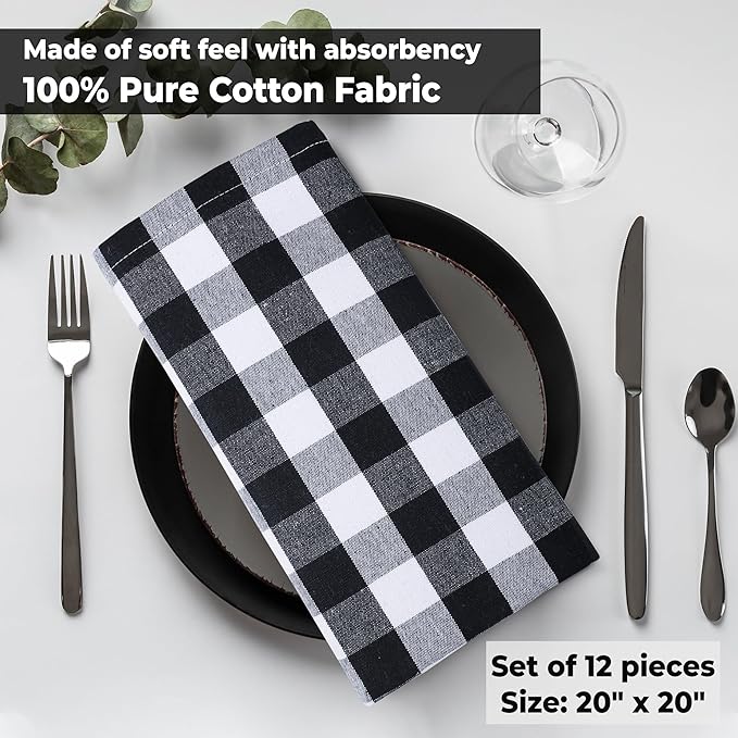 Cloth Napkins Set of 12, 20 x 20 Inch Black and White Checkered Cotton