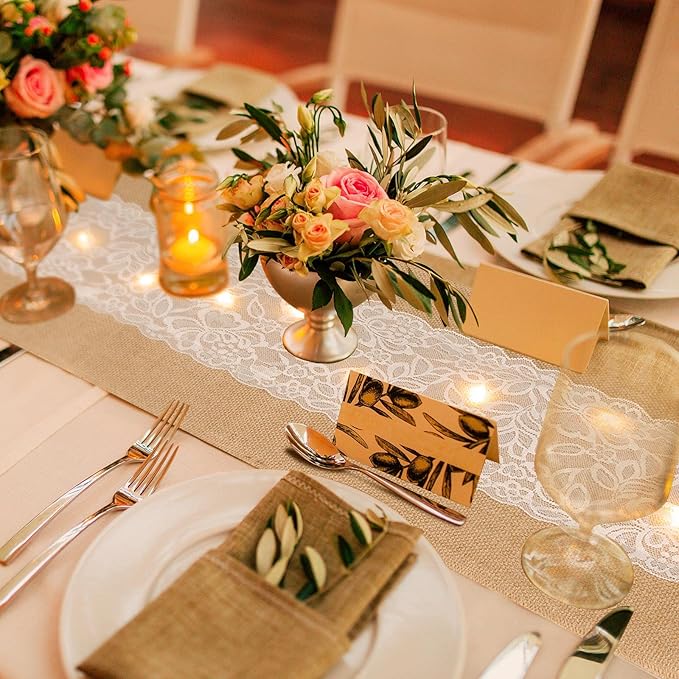 Xinnun 6 Pack Burlap Table Runner with LED String Lights, Modern Rustic Lace Natural Vintage Boho Jute Wedding Table Decor for Farmhouse Thanksgiving Christmas(Classic Style,12x108 Inches)