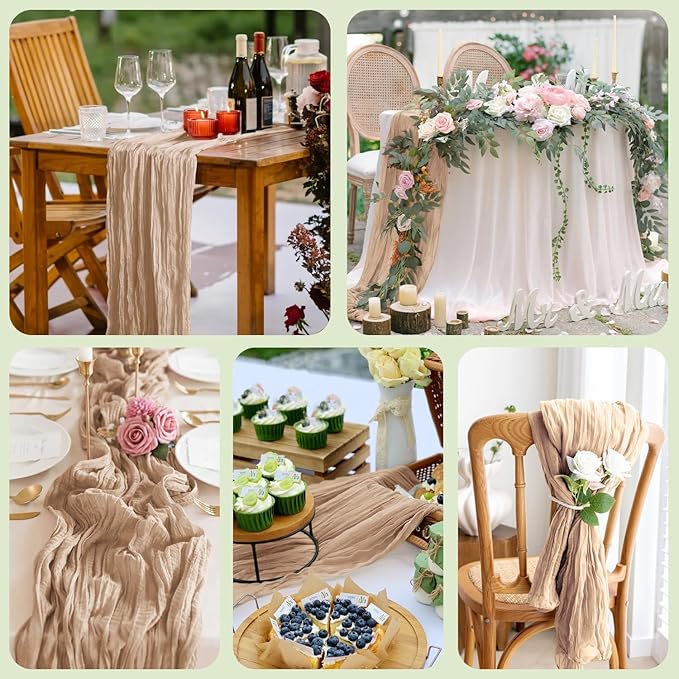 Asee'm 4pcs Cheesecloth Table Runner 120 Inches Long Nude Boho Gauze Cheese Cloth Runner 10FT Rustic Sheer Table Runners for Christmas Wedding Party Baby Shower Spring Easter Decoration