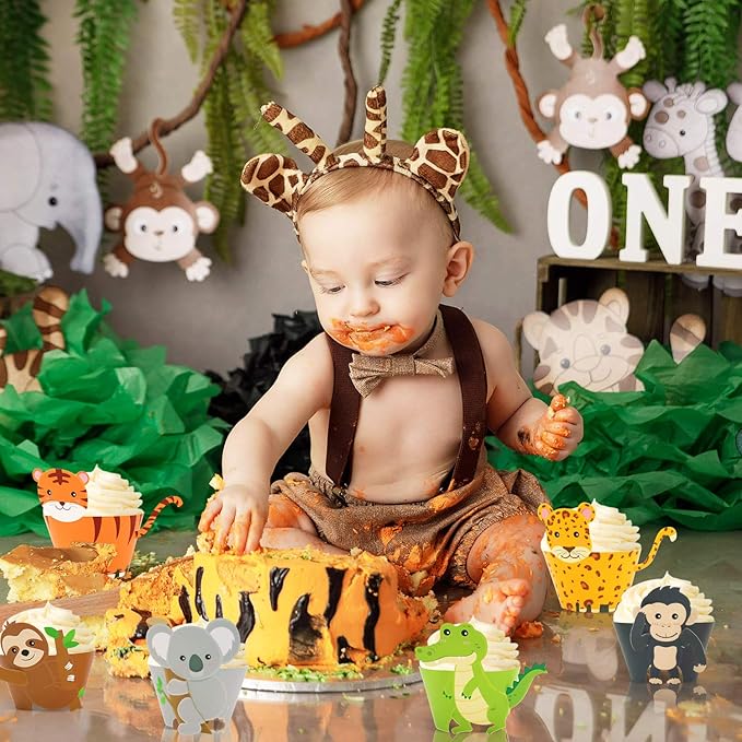 48 Pcs Jungle Safari Animal Cupcake Wrappers Wild Party Cake Decorations Jungle Wild Cake Wrappers for Baby Shower Birthday Themed Decorations Safari Party Supplies