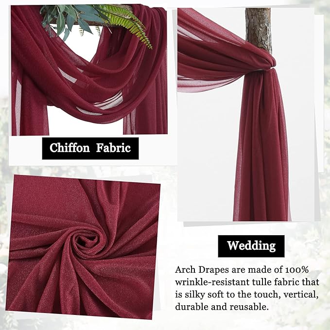 Arch Drapes for Wedding Arch Draping Fabric Burgundy Sheer Backdrop Curtain for Ceremony Bridal Party Decor 19Ft Length x 28" Width 6 Panels
