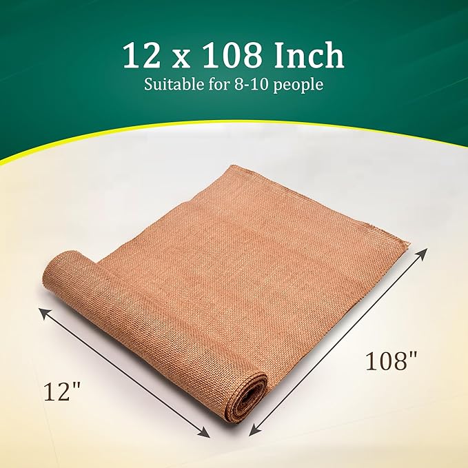 Burlap Table Runners (Pack of 6) – 12”x 108” - No-Fray Finished Edge Premium Quality Natural Table Runner – No Odor, Eco-Friendly Burlap Runner, Perfect for Rustic Table Decor and Other DIY Crafts