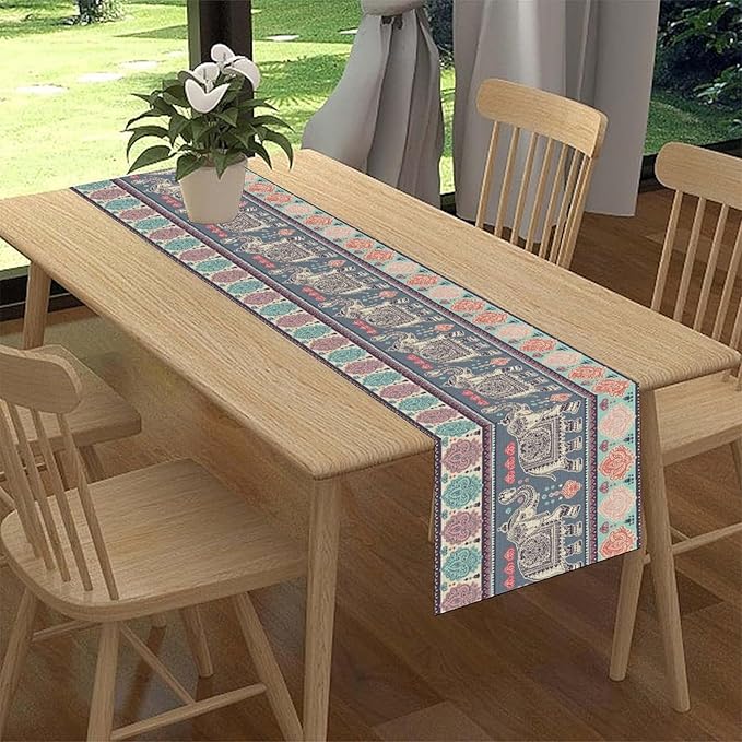 Boho Table Runner, Indian Bohemian Elephant Mandala Paisley Floral Hippie Art Print Table Center Decor for Home Kitchen Dining Patio Holiday Party Indoor Outdoor Table Decorations, 13"x36" Inch