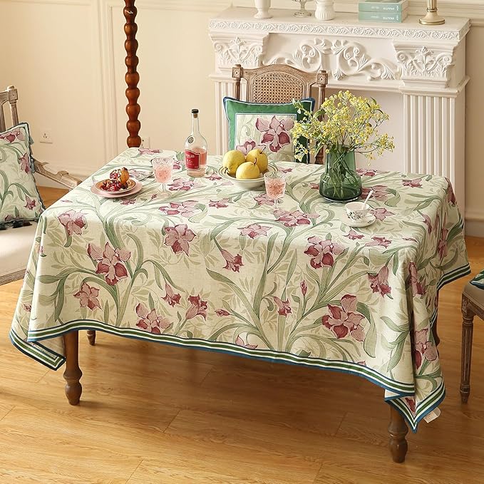 patdrea Designer Green Rectangle Tablecloth,Framhouse Vintage French Violets Pattern Tablecloths,Elegant Floral Table Cover Decor for Kitchen Dining Christmas,Party,Thanksgiving,55"x87"-Tara a