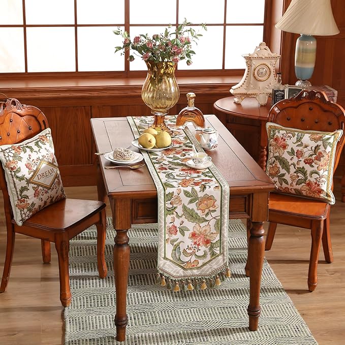 patdrea Designer Elegant French Floral Velvet Table Runner, Fresh Green with Orange Blossoms Pattern Table Mat, Decoration for Kitchen Dining Coffee Table Cabinet Banquet Thanksgiving,12"*71"