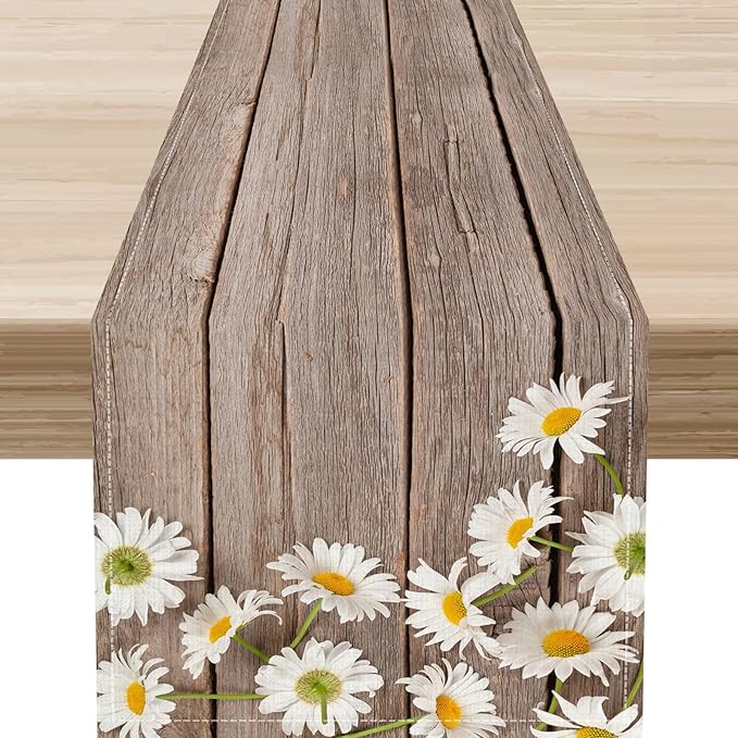 Farmhouse Table Runner, Rustic Wood Plank Spring Daisy Flower Retro Wooden Country Table Center Decor for Home Kitchen Dining Patio Holiday Party Indoor Outdoor Table Decorations, 13"x36" Inch