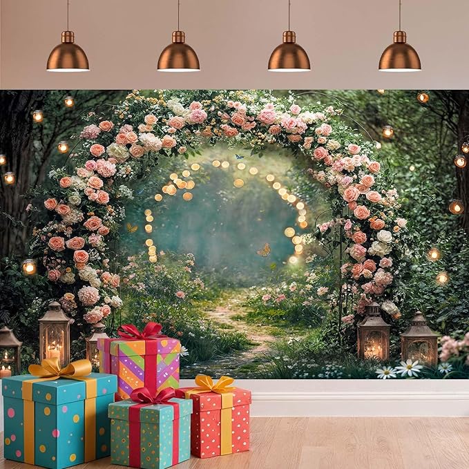 8x6ft Enchanted Forest Wedding Photography Backdrop Wonderland Roses Fairy Tale Backdrop Pink Flower Birthday Newborn Baby Shower Wedding Bridal Party Banner Photo Booth Props Anniversary Background
