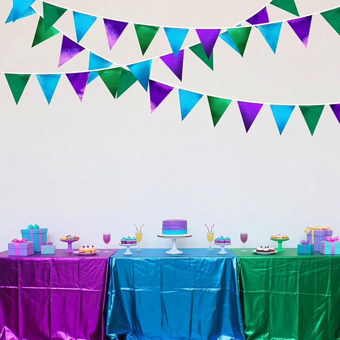 Blue Green Purple Party Decorations Metallic Fabric Triangle Pennant Banner Flag Bunting for Men Boys Video Game Theme Birthday Graduations Retirement Wedding Bachelor Baby Shower Party Supplies