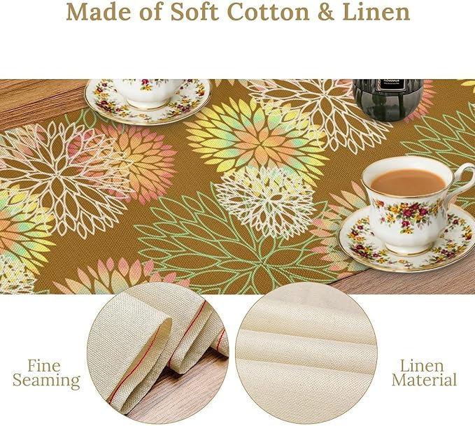 Brown Grey Dahlia Flower Table Runner, Linen Geometric Pattern Floral Table Decor Spring Farmhouse Decorations for Kitchen Dining Holiday Party Decor, 13x70 Inch