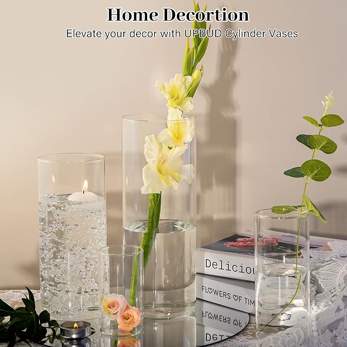 16 PCS Clear Cylinder Vases for Centerpieces | 4, 6, 8,10 Inch Tall Flower Vase for Wedding Decorations, Clear Floating Candle Vases in Bulk, Hurricane Candle Holdersfor Table, Home Décor