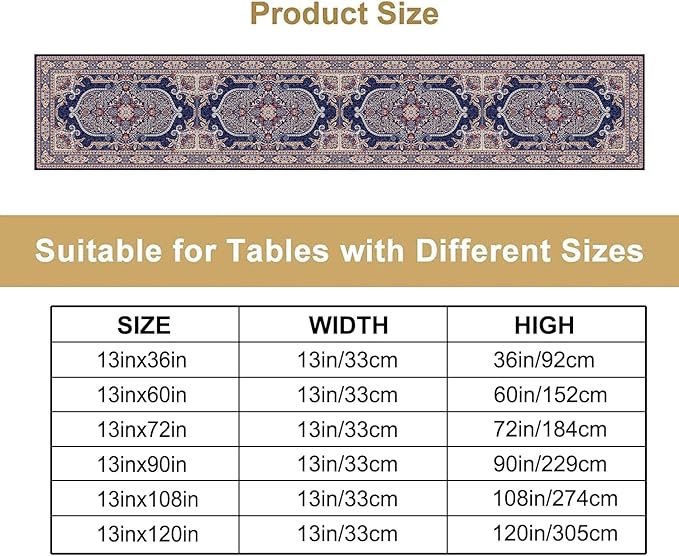 Boho Floral Vintage Table Runner, Blue Purple Retro Flower Rustic Country Farmhouse Pattern for Home Kitchen Table Decor Dining Coffee Room Party Decor 13x120in