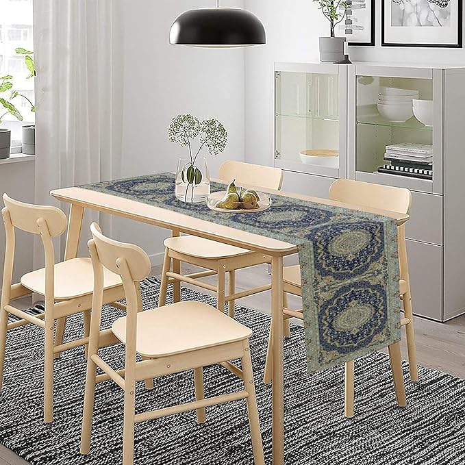 Boho Bohemia Style Blue Teal Table Runner, Country Rustic Farmhouse Magical Abstract Print Pattern for Home Kitchen Table Decor Dining Coffee Room Garden Party Decor 13x90in