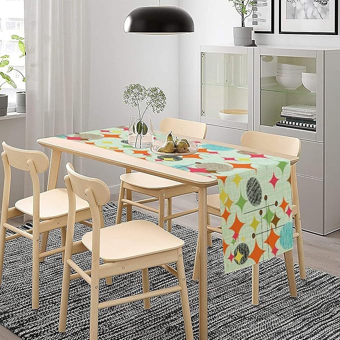 Mid Century Table Runner,Abstract Retro Modern Geometric Colorful Stripe Pattern Print Tablecloth Burlap for Hotel Indoors Outdoor Dining Room Kitchen Holiday Party, 13x70in