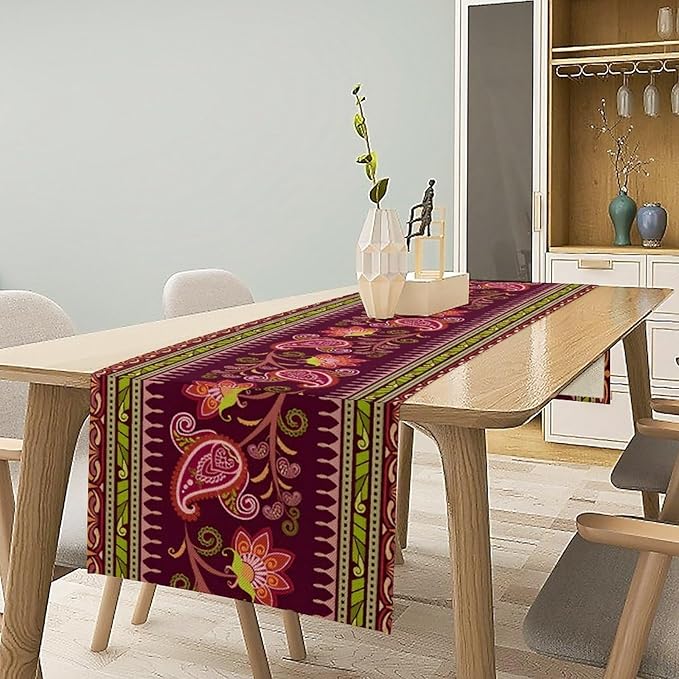 Dark Red Paisley Table Runner, Vintage Boho Paisley Flowers Geometric Print Table Cover for Farmhouse Wedding Party Home Kitchen Dining Table, 13x60inch