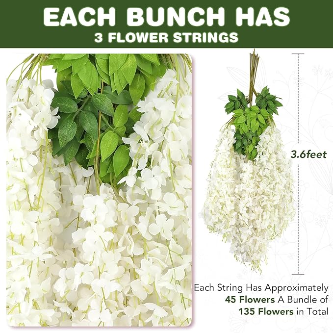 Wisteria Hanging Flowers,Fake Hanging Flowers, Wisteria artificiales Garland for Home Wedding Arch Floral Party Garden Ceremony Outdoor Decor,3.6 feet Long(50,White)