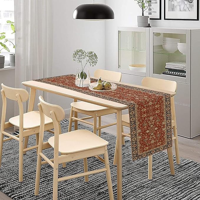 Boho Floral Vintage Red Blue Table Runner, Retro Flower Rustic Country Farmhouse Abstract Pattern for Home Kitchen Table Decor Dining Coffee Room Party Decor 13x120in