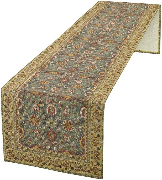 Boho Floral Vintage Beige Blue Table Runner, Retro Flower Rustic Country Farmhouse Abstract Pattern for Home Kitchen Table Decor Dining Coffee Room Party Decor 13x36in