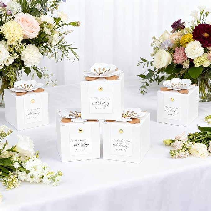 Gift Boxes 20 Pack White Candy Favor Boxes with Floral Decor and Tags