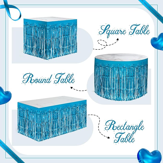 8 Pack Lake Blue Table Skirts, 29x108" Metallic Foil Tinsel Fringe Table Skirts for Rectangle Tables Streamer Curtains Backdrop, Party Decorations for Birthdays Weddings Holidays