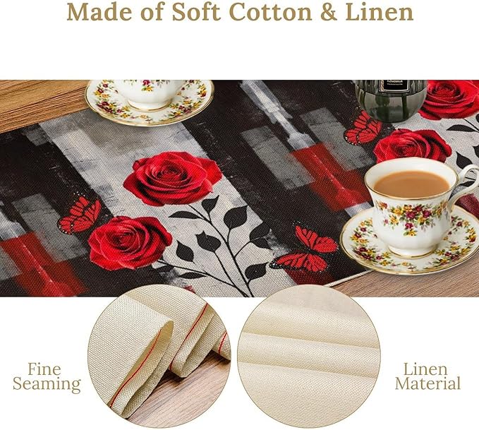 Abstract Art Rose Table Runner, Red Roses Floral Butterfly Black Red Grey Ink Background Pattern Kitchen Dinning Table Runner for Indoor Outdoor Home Wedding Party Holiday, 13x60 Inch