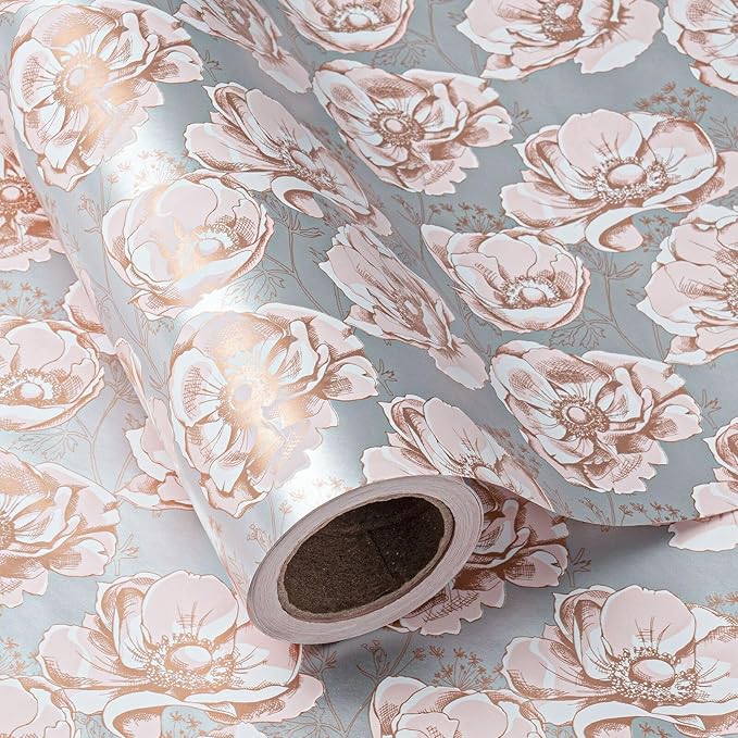 WRAPAHOLIC 30 Inch Jumbo Reversible Floral Wrapping Paper - 30 Inch X 33 Feet - Siver Floral Design for Wedding, Birthday, Mothers Day, Baby Shower, Anniversary, Bridal Shower