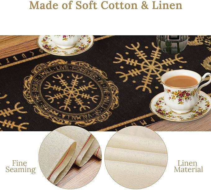 Viking Tree of Life Abstract Table Runner for Living Room Home Party Coffee Dining Party Wedding Golden Black Celtic Style Geometric Dragon Boat Rudder Ancient Script Table Runner 13x108 Inch