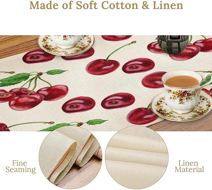 Red Cherry Table Runner Watercolor Tropical Fruit Spring Summer Wild Berry Dinner Runner for Girl Baby Shower Party Holiday Home Kitchen Dining Table Decor 13x70
