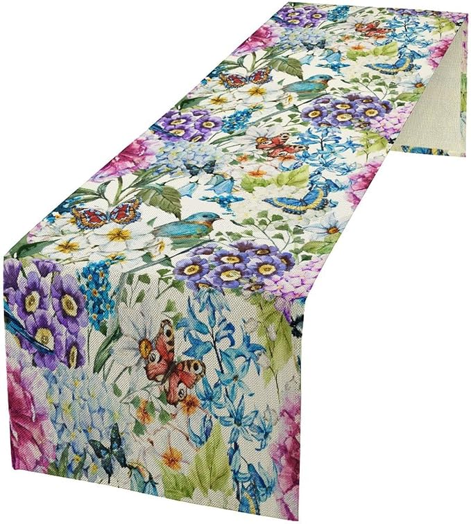 Brown Bird Floral Table Runner Spring Flower Kitchen Table Decoration Suitable for Family Dinner Decoration 13x108 Inch