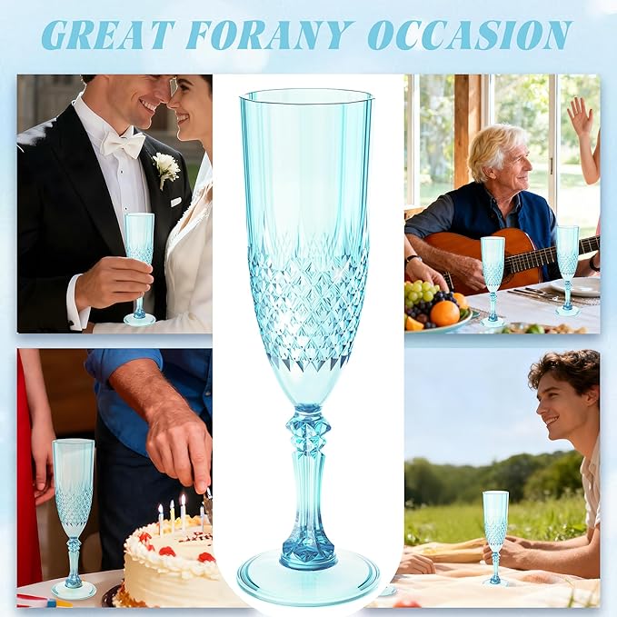 Plastic Champagne Flutes, 24PCS Light Cyan Wine Glasses Goblets Cups Reusable Flute, for Weddings Bachelor Parties Toasting and Events(24, Light Cyan)