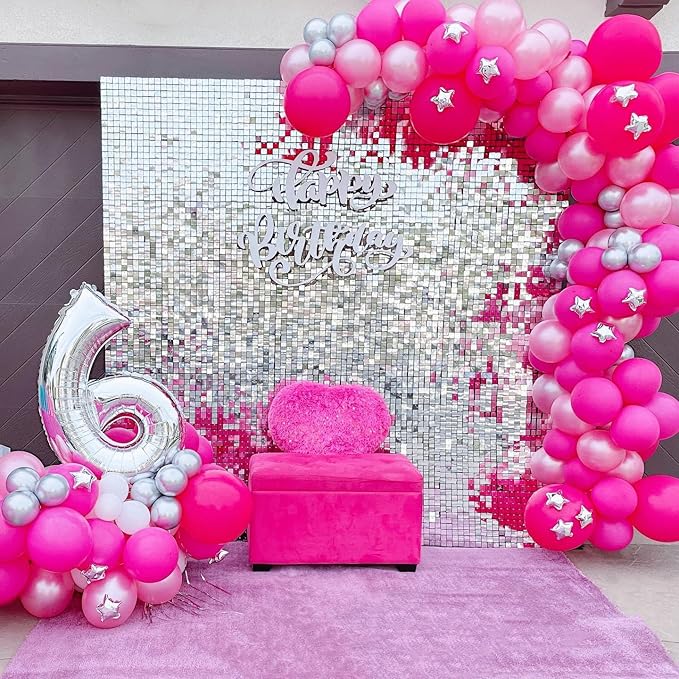 Qcity Silver Shimmer Wall Backdrop 48PCS, Black Back Not See-Through Design, Square Sequin Glitter Backdrop Panel, Perfect for Outdoor Events, Birthdays, Wedding and Party Decoration