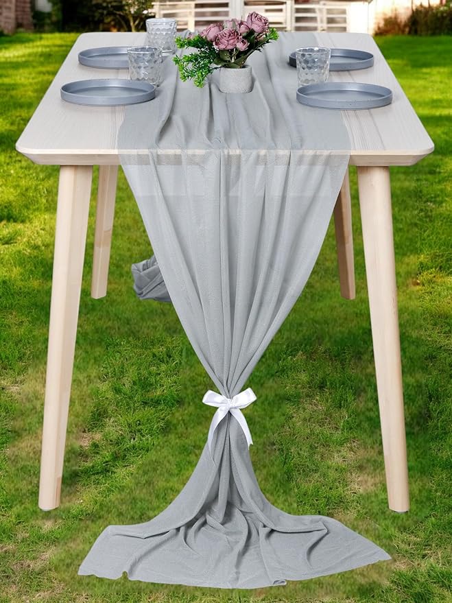 MDS 2 Pack 10ft Chiffon Table Runner 29 x 120 Inches Sheer Wedding Runner Romantic Rustic Table Runner for Wedding Decorations, Birthday Parties, Bridal Shower Party Arch Decor - Gray