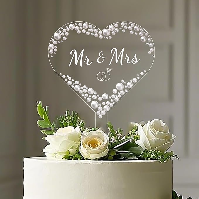 Acrylic Heart Mr & Mrs Cake Topper, Rhinestone and Faux Pearl Accents