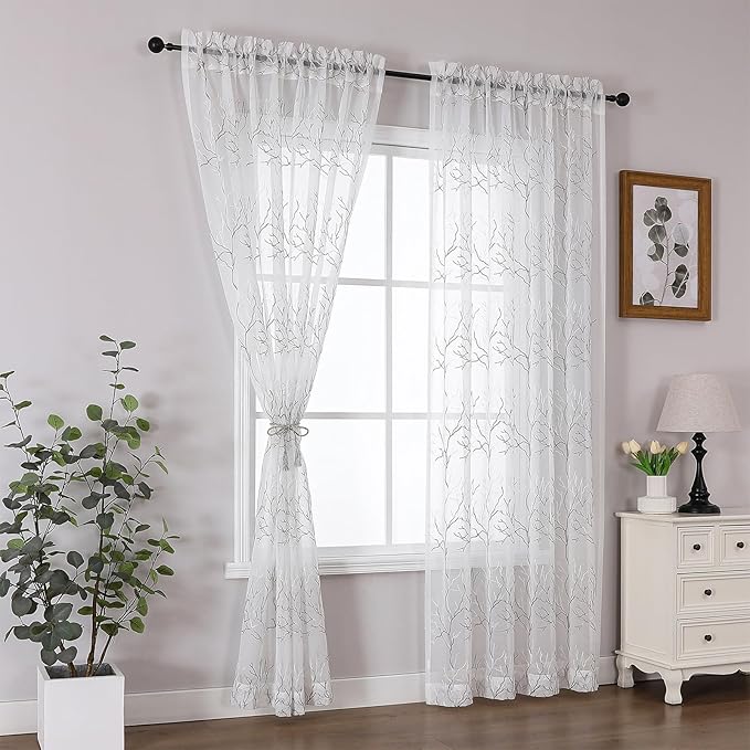 VISIONTEX Sheer Curtains 95 inch Length 2 Panels Set, Decorative Grey Coral Embroidery, Rod Pocket Embroidered Window Drapes for Living Room and Bedroom, 54" x 95"