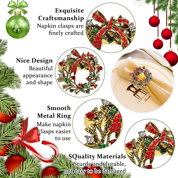 Halatool Set of 6 Christmas Napkin Rings Delicate Wreath Napkin Holder for Christmas Thanksgiving Holiday Party Table Decoration
