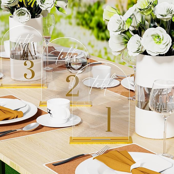 Arch Wedding Table Numbers 1-10 with Stands, Elegant Gold Number 5.5 x 7” Arch Acrylic Signs with Holders, Clear Acrylic Table Numbers for Wedding Reception, Anniversary, Party, Events