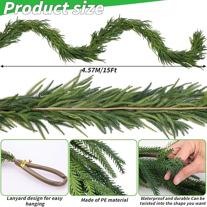 Garland Artificial Norfolk Pine Green 15 Ft Waterproof PE