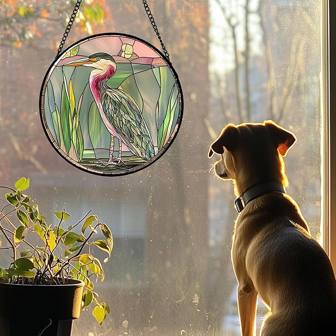 Stained Glass Window Hanging 4 Pcs Set Cute Animal 9.8"- Green Plant Pink Suncatcher Door Garden Sun Catcher Decor Birthday Christmas for Mom Woman Nana Men Friend