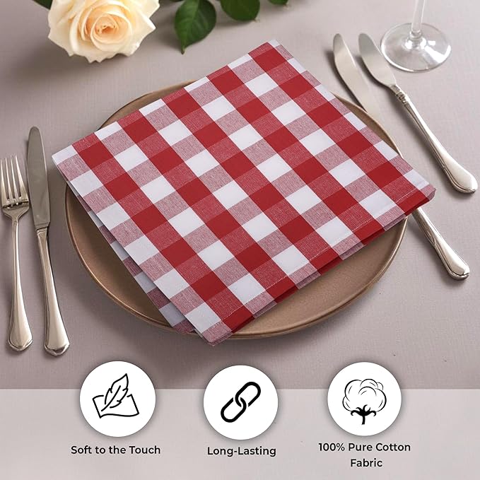 Cloth Dinner Napkins Set of 12, 100% Cotton, Red and White Checkered