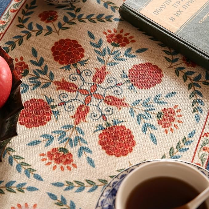 patdrea Designer Vintage Bright Farmhouse Linen Table Runner 102 Inch Long, Maroon Floral Pattern Table Mat, Decoration for Kitchen Dining Table Coffee Table Cabinet Banquet Christmas ,12"*102"