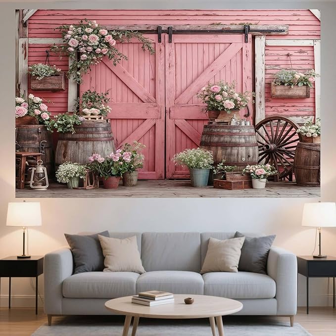 15x10ft Country Wedding Pink Photography Backdrop Rustic Wooden Door Photography Backdrop Farmhouse Flower Western Girl Birthday Baby Shower Wedding Bridal Party Banner Photo Booth Props Background