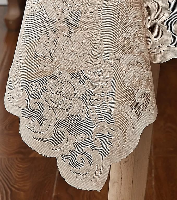 LinenZone Extra Large Linen Round Tablecloth for Rustic Vintage Decor. Sheer Lace Table Cloth Works Great As Wedding Tablecloth or Thanksgiving Table Cover. (Mia 120 Round, Linen)