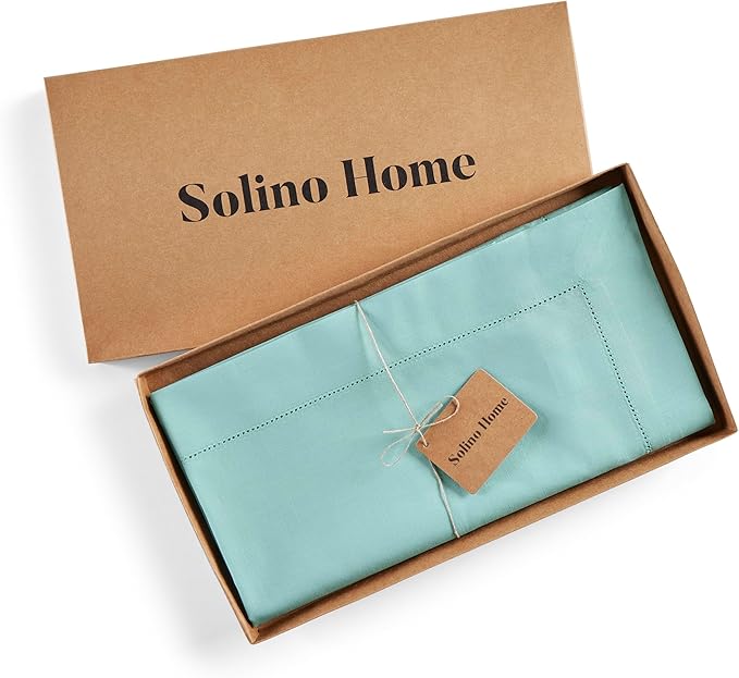 Solino Home Cotton Linen Table Runner 120 Inches Long - Hemstitch Pastel Turquoise Dining Table Runner 14 x 120 Inch